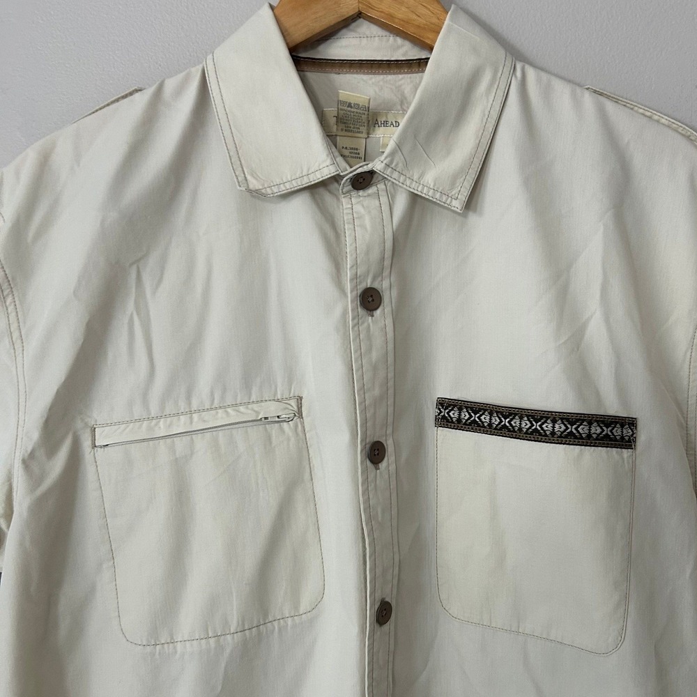 Territory Ahead Shirt Mens L Beige Tan Safari Travel Utility Fishing Camp Nylon